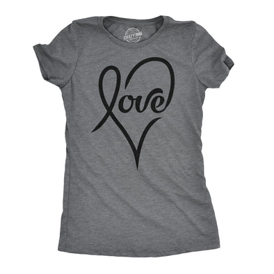 Womens Love Cursive Heart Design Cute Graphic Novelty Valentines Day T shirt