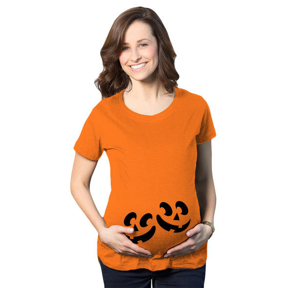 Maternity Twin Pumpkin Faces Tshirt Cute Halloween Jack-O-Lantern Pregnancy Tee