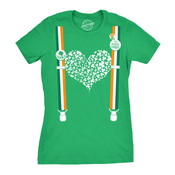 Womens Clover Heart Suspenders T Shirt Funny Saint Patricks Day Patty Cute Tee