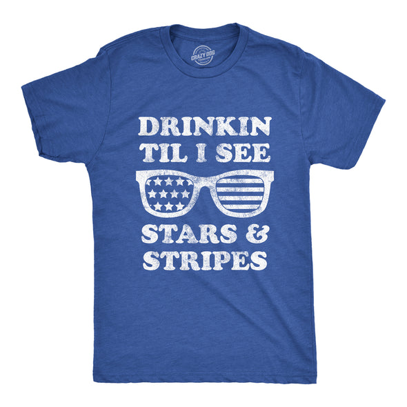 Mens Drinkin Til I See Stars And Stripes Tshirt Funny 4th Of July Sunglasses Graphic Tee