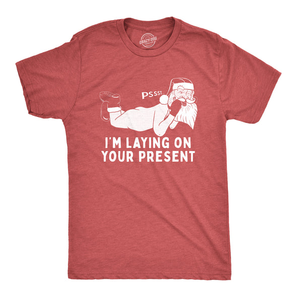 Mens Pssst I'm Laying On Your Present Tshirt Funny Christmas Sexy Santa Claus Graphic Tee