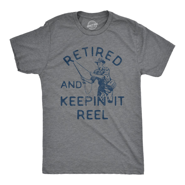 Mens Retired And Keepin It Reel Tshirt Funny Fishing Grandpa Graphic Novelty Tee