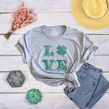 Womens LOVE Lucky Clover Saint Patricks Day Cute Irish St Patty Shamrock T Shirt