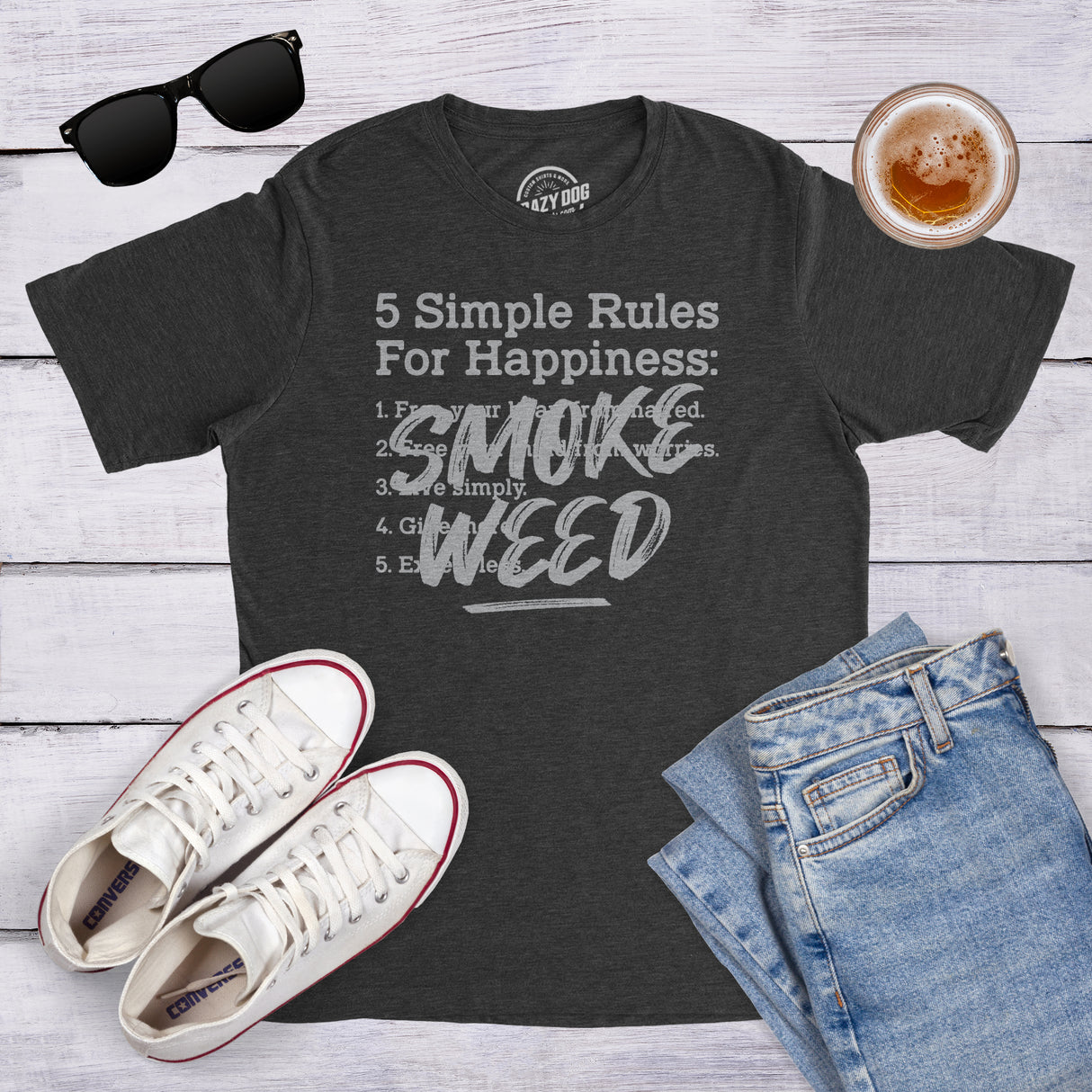 Mens 5 Simple Rules For Happiness Smoke Weed T shirt Funny 420 Marijuana Tee