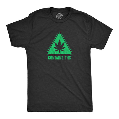 Mens Contains THC T Shirt Funny 420 Weed Leaf Warning Label Tee For Guys