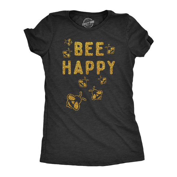 Womens Bee Happy Glitter T Shirt Cute Earth Day Bee Graphic Novelty Tee For Ladies
