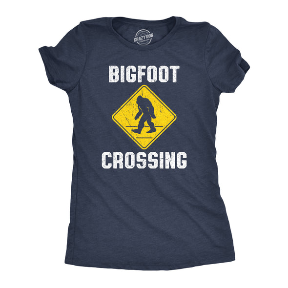 Womens Bigfoot Crossing T Shirt Funny Sasquatch Road Warning Sign Tee For Ladies