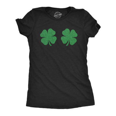 Womens Clover Tits Tshirt Funny Glitter Four Leaf Clover St. Paddy's Day Parade Boob Novelty Graphic Tee For Ladies