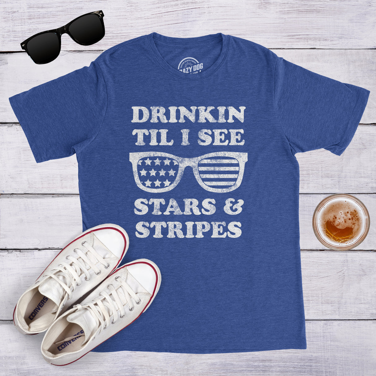 Mens Drinkin Til I See Stars And Stripes Tshirt Funny 4th Of July Sunglasses Graphic Tee
