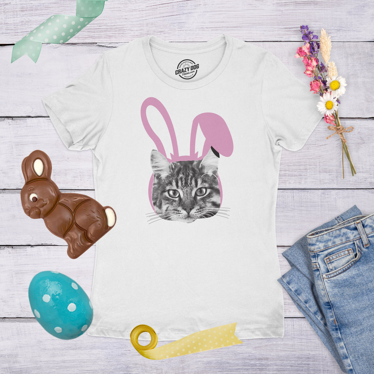 Womens Easter Cat T Shirt Funny Kitten In Bunny Ears Cute Lover Spring Tee