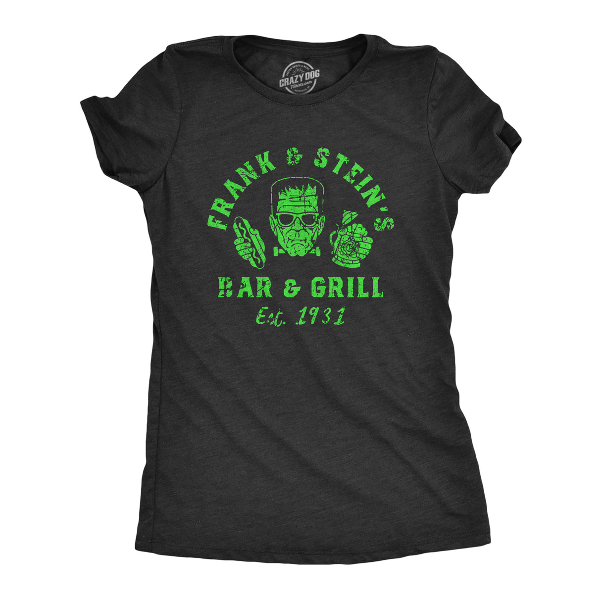 Womens Frank and Steins Bar and Grill T Shirt Funny Frankenstein Halloween Tee for Ladies