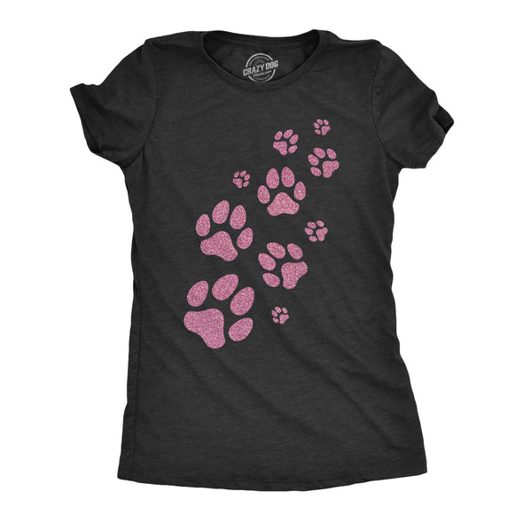 Womens Glitter Dog Paw Prints T Shirt Funny Cute Pet Puppy Lover Graphic Novelty Tee For Ladies