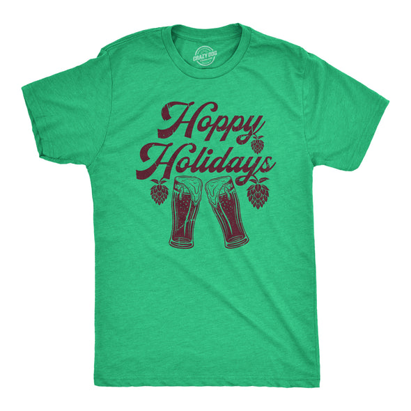 Mens Hoppy Holidays T Shirt Funny Xmas Beer Drinking Pint Glass Hops Tee For Guys