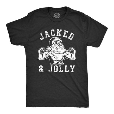 Mens Jacked And Jolly T Shirt Funny Xmas Buff Ripped Santa Claus Exercise Tee For Guys