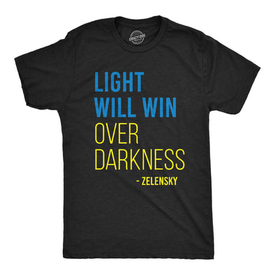 Mens Light Will Win Over Darkness T Shirt Cool Zelensky Ukraine Motivational Quote Graphic Tee For Guys