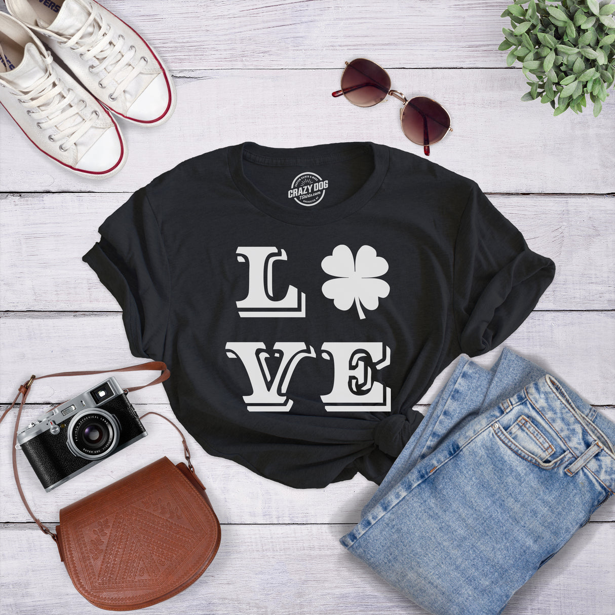 Womens LOVE Lucky Clover Saint Patricks Day Cute Irish St Patty Shamrock T Shirt