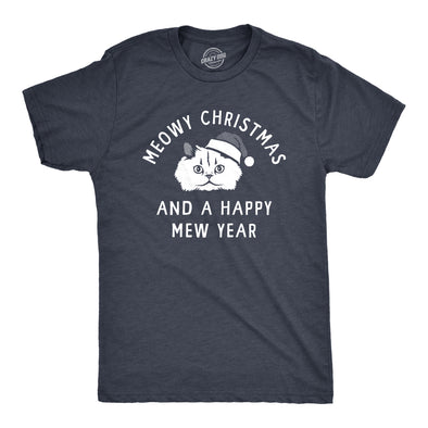 Mens Meowy Christmas And A Happy Mew Year T Shirt Funny Xmas Kitten Lovers Tee For Guys