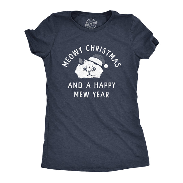 Womens Meowy Christmas And A Happy Mew Year T Shirt Funny Xmas Kitten Lovers Tee For Ladies