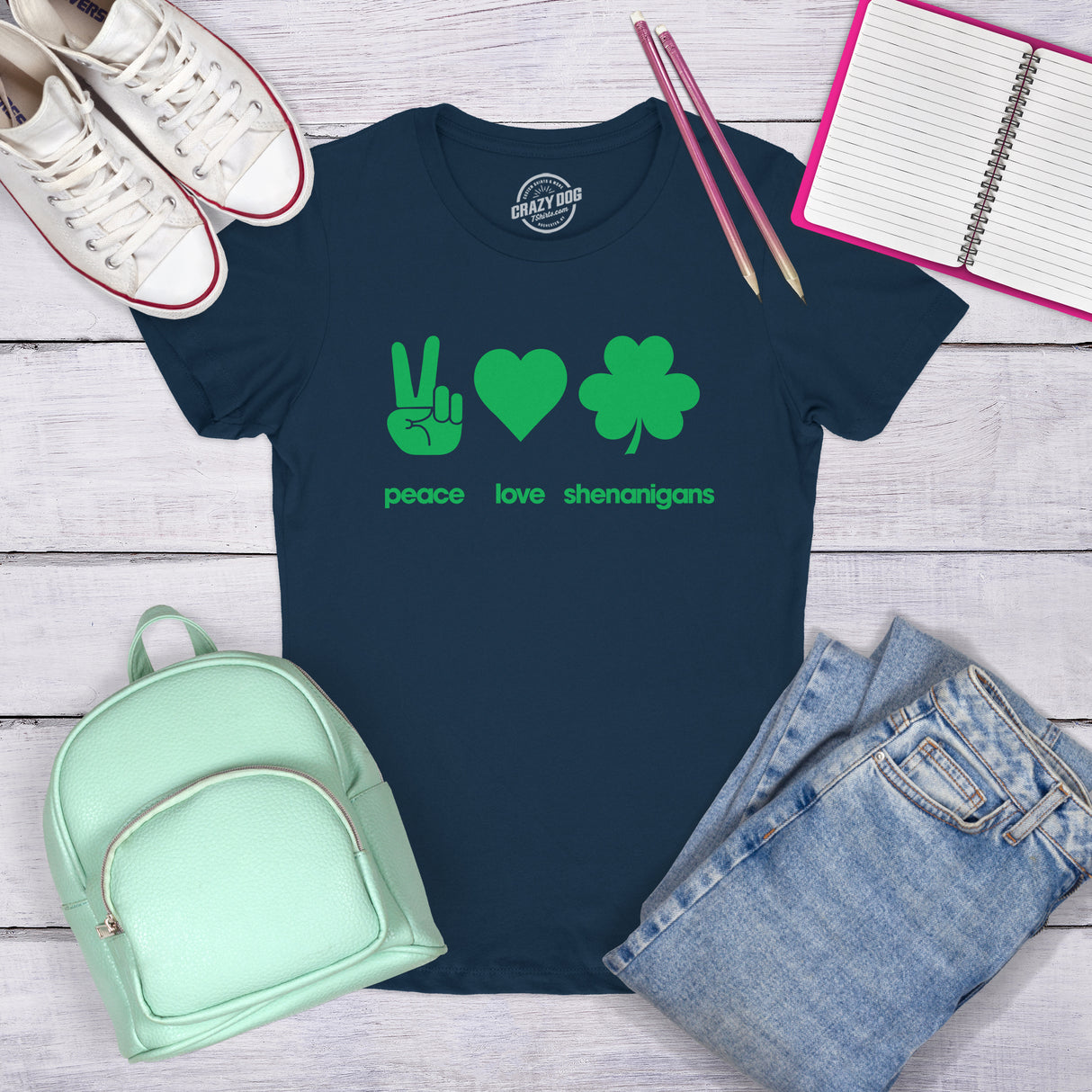 Womens Peace Love Shenanigans T Shirt Funny Novelty Patty Saint Patricks Day Tee