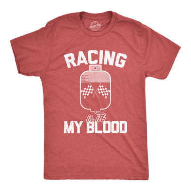 Mens Racing Is In My Blood T Shirt Funny Cool Checkered Flag Blood Bag Tee For Guys