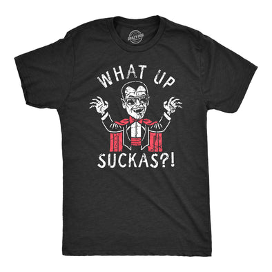 Mens What Up Suckas T Shirt Funny Spooky Halloween Party Vampire Tee For Guys
