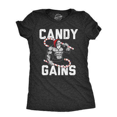 Womens Candy Gains T Shirt Funny Xmas Buff Ripped Santa Claus Workout Joke Tee For Ladies