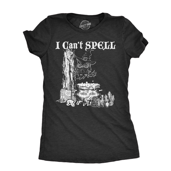 Womens I Cant Spell T Shirt Funny Halloween Witch Owl Spelling Joke Tee For Ladies