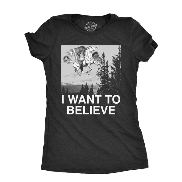 Womens I Want To Believe Pegasus T Shirt Funny Flying Mythical Creature Joke Tee For Ladies