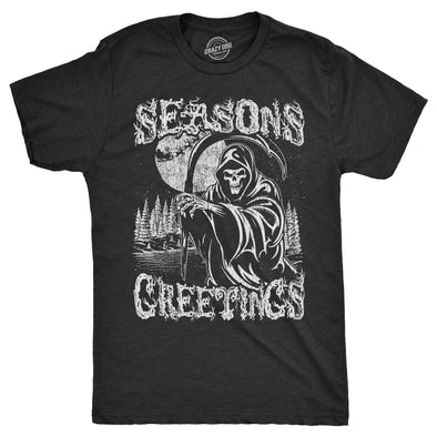 Mens Seasons Greetings T Shirt Funny Xmas Scary Grim Reaper Joke Tee For Guys