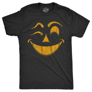 Mens Winky Warren Pumpkin T Shirt Funny Halloween Jack O Lantern Unsettling Smile Tee For Guys