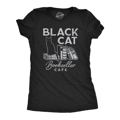 Womens Black Cat Bookseller Cafe T Shirt Funny Halloween Book Lovers Novelty Tee For Ladies