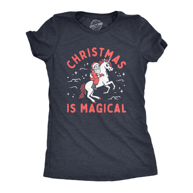 Womens Christmas Is Magical T Shirt Funny Santa Claus Fantasy Unicorn Tee For Ladies