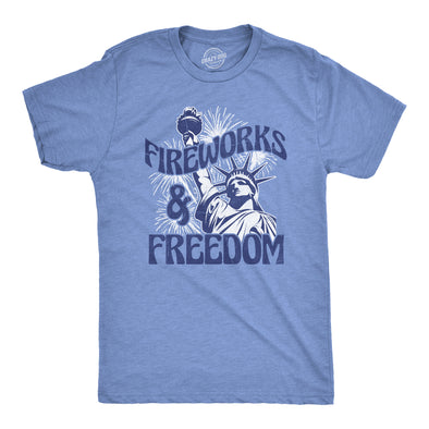 Mens Fireworks And Freedom T Shirt Funny Awesome Fourth Of July Statue Of Liberty Tee For Guys