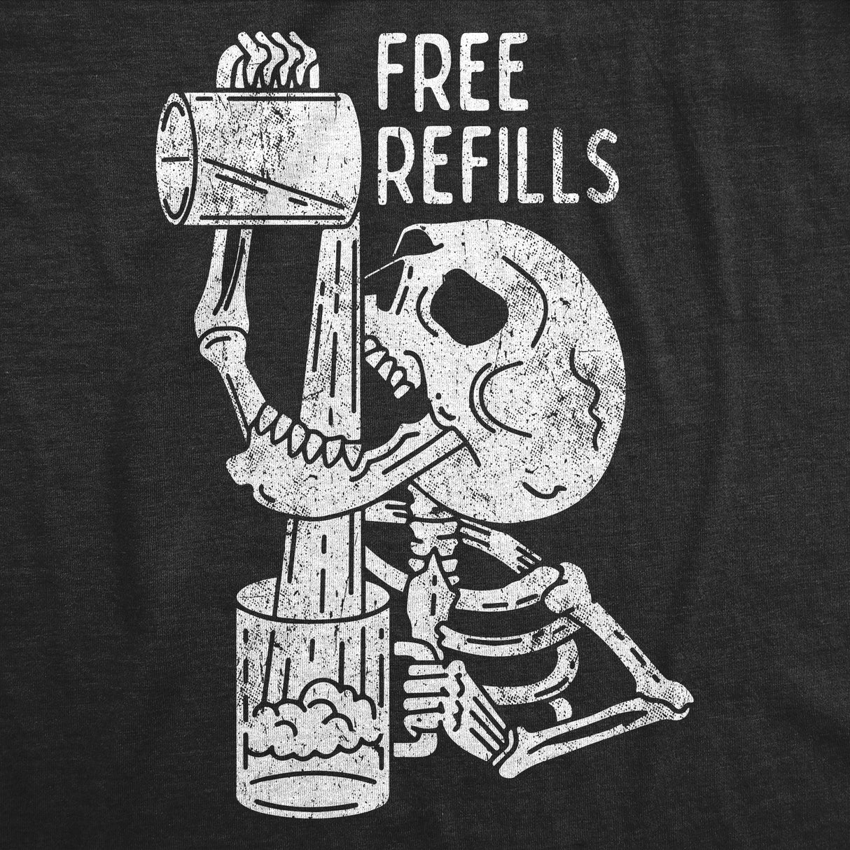 Mens Free Refills T Shirt Funny Halloween Drinking Skeleton Joke Tee For Guys