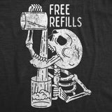 Mens Free Refills T Shirt Funny Halloween Drinking Skeleton Joke Tee For Guys