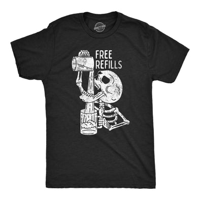 Mens Free Refills T Shirt Funny Halloween Drinking Skeleton Joke Tee For Guys