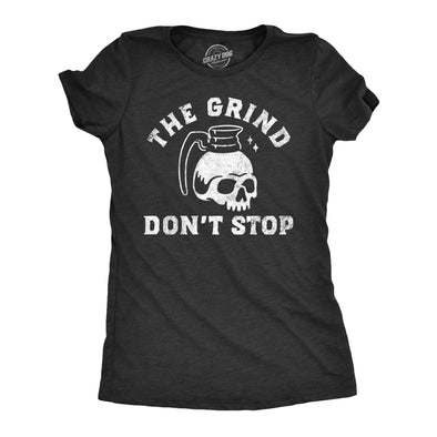 Womens The Grind Dont Stop T Shirt Funny Spooky Halloween Coffee Pot Skull Joke Tee For Ladies