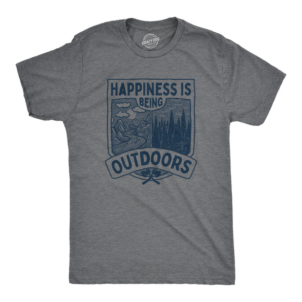 Mens Hapiness Is Being Outdoors T Shirt Funny Cool Nature Hiking Camping Lovers Tee For Guys