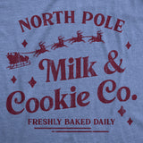 Womens North Pole Milk and Cookie Co T Shirt Funny Xmas Bakery Shop Joke Tee for Ladies