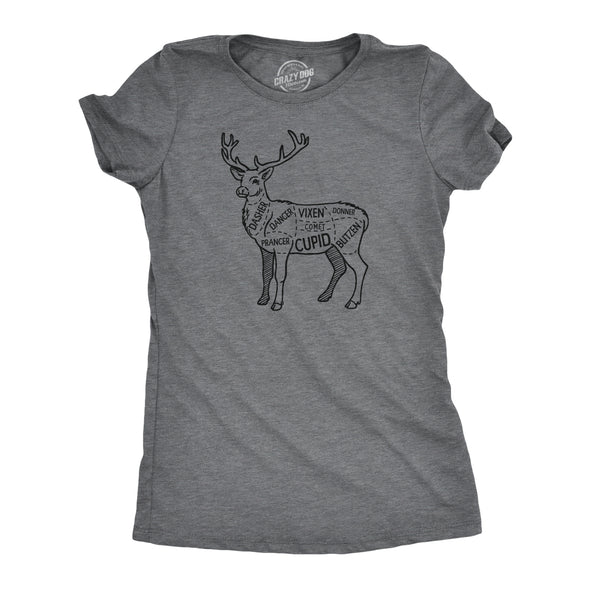 Womens Reindeer Meat Cuts T Shirt Funny Xmas Deer Hunter Butcher Joke Tee For Ladies
