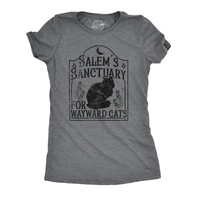Womens Salems Sanctuary For Wayward Cats T Shirt Funny Spooky Halloween Kitten Lovers Tee For Ladies