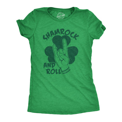 Womens Shamrock And Roll T Shirt Funny St Pattys Day Clover Rocker Music Fan Tee For Ladies