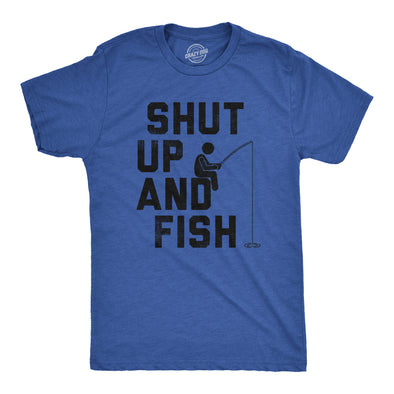 Mens Shut Up And Fish T Shirt Funny Fishing Lovers Fishermen Tee For Guys