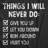 Mens Things I Will Never Do T Shirt Funny Song List Parody Tee For Guys