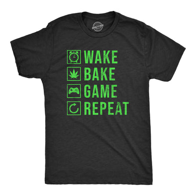 Mens Wake Bake Game Repeat T Shirt Funny 420 Weed Video Gaming Lovers Tee For Guys