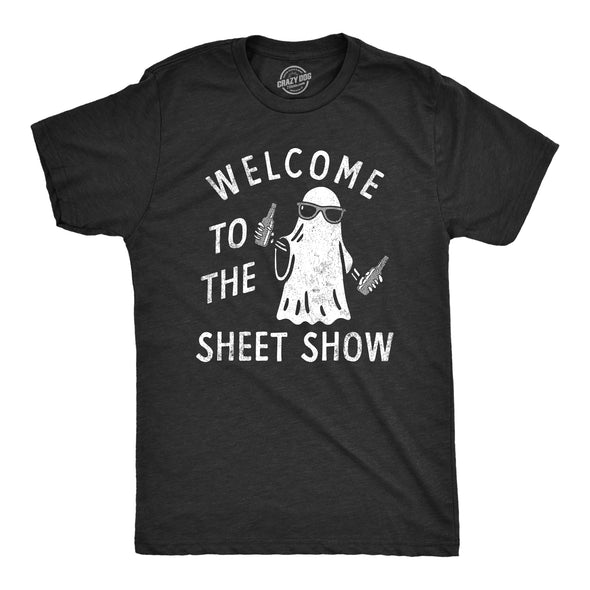 Mens Welcome To The Sheet Show T Shirt Funny Halloween Partying Bedsheet Ghost Tee For Guys