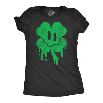 Womens Dripping Clover Face T Shirt Funny St Paddys Day Wasted Shamrock Smiling Face Tee For Ladies