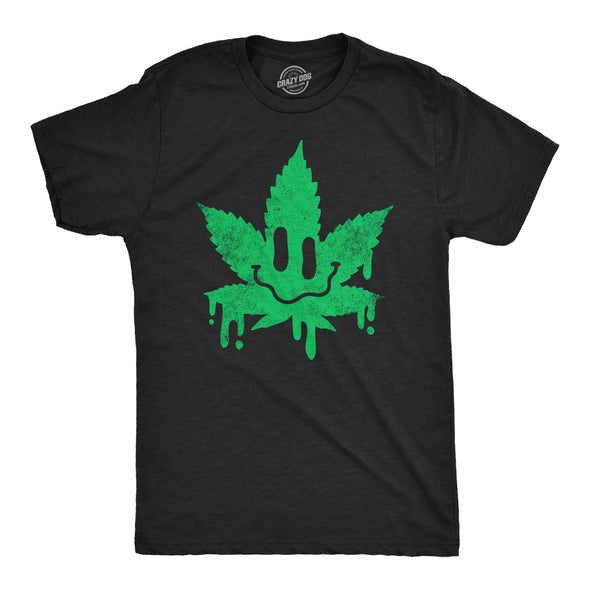 Mens Dripping Pot Leaf Smile T Shirt Funny 420 Weed Smoking Lovers Smiling Face Joke Tee For Guys