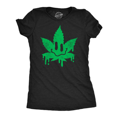 Womens Dripping Pot Leaf Smile T Shirt Funny 420 Weed Smoking Lovers Smiling Face Joke Tee For Ladies