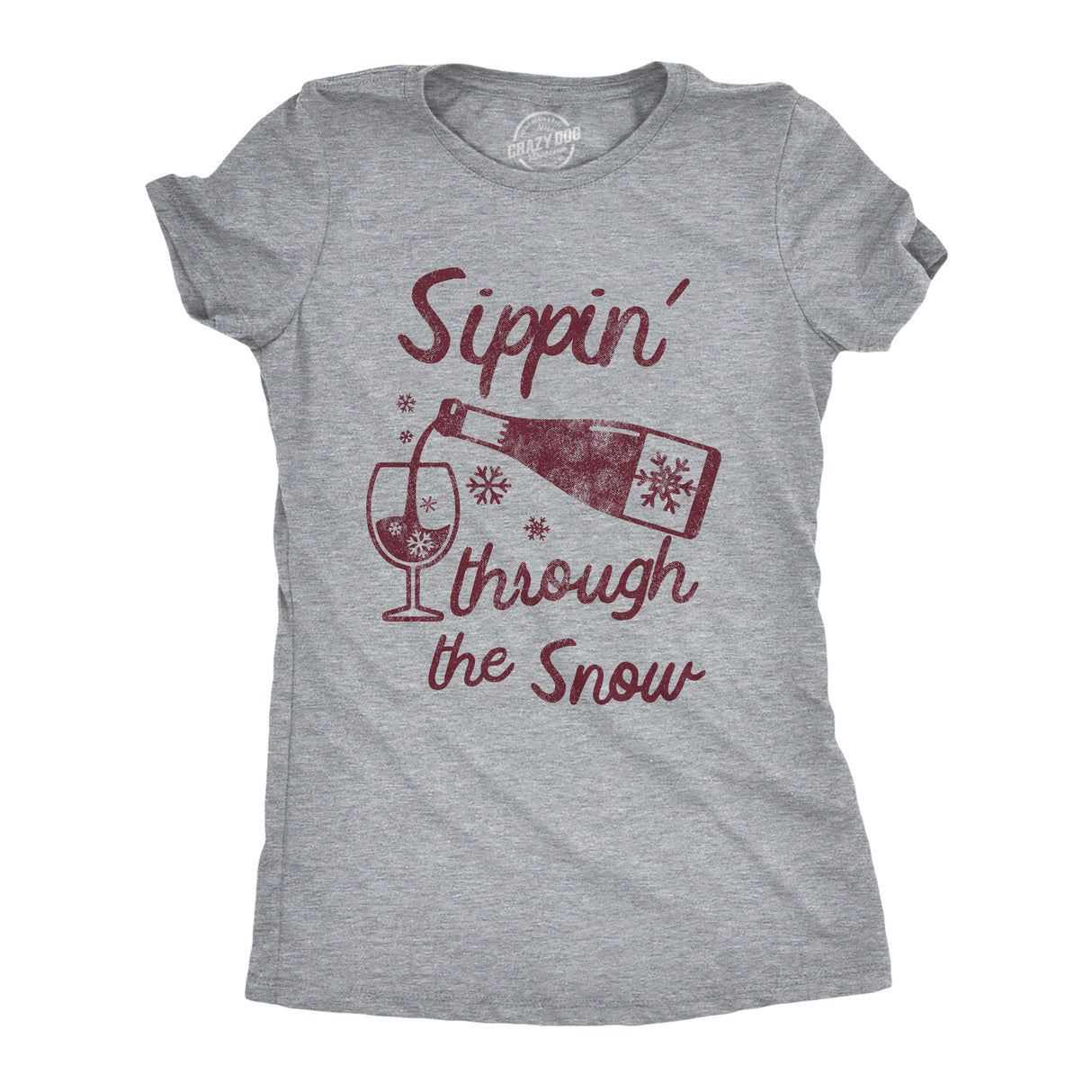 Womens Funny T Shirts Sippin Through The Snow Sarcastic Wine Graphic Drinking Tee For Ladies